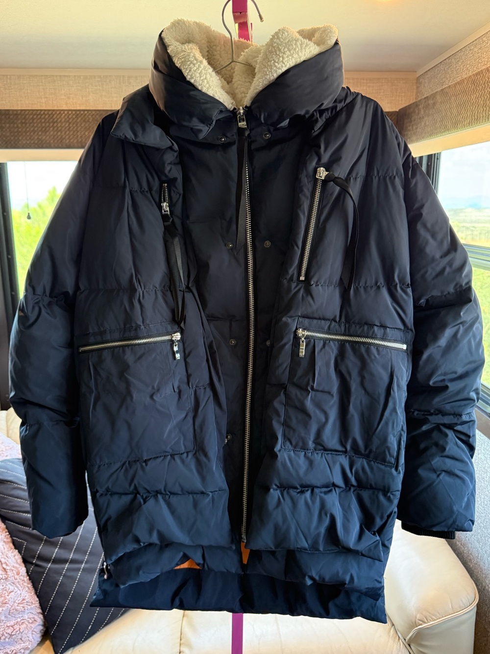 Orolay XL Navy Duck puffer Down Sherpa Hood Puffer Parka Winter Coat zip EUC